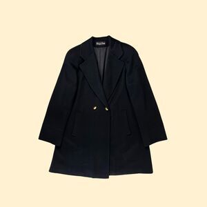 70s/80s wool trench coat by Holly Deb, vintage black jacket w gold-toned buttons